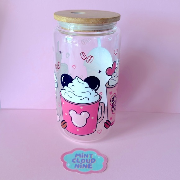 ❗️2/$22❗️CAN GLASS CUP BAMBOO LID & STAINLESS STEEL STRAW - MOUSE COFFEE - Picture 2 of 5